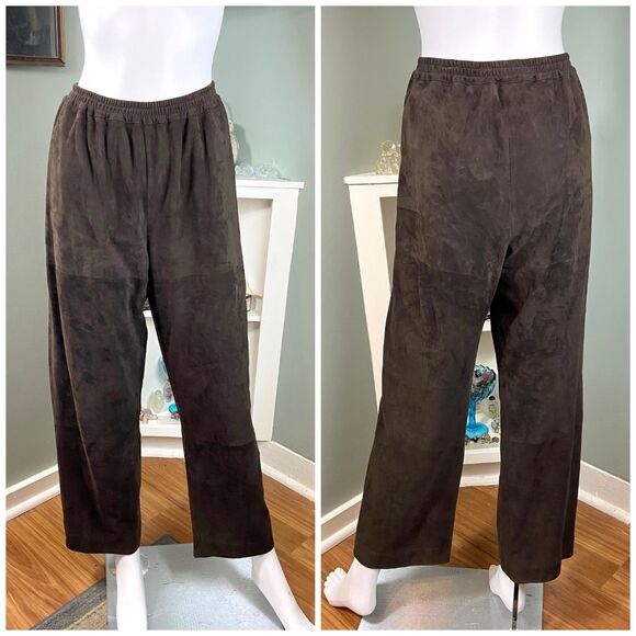 Eskandar Size 1 Dark Brown Suede Leather Pants Trousers Stretch-Elastic Waist